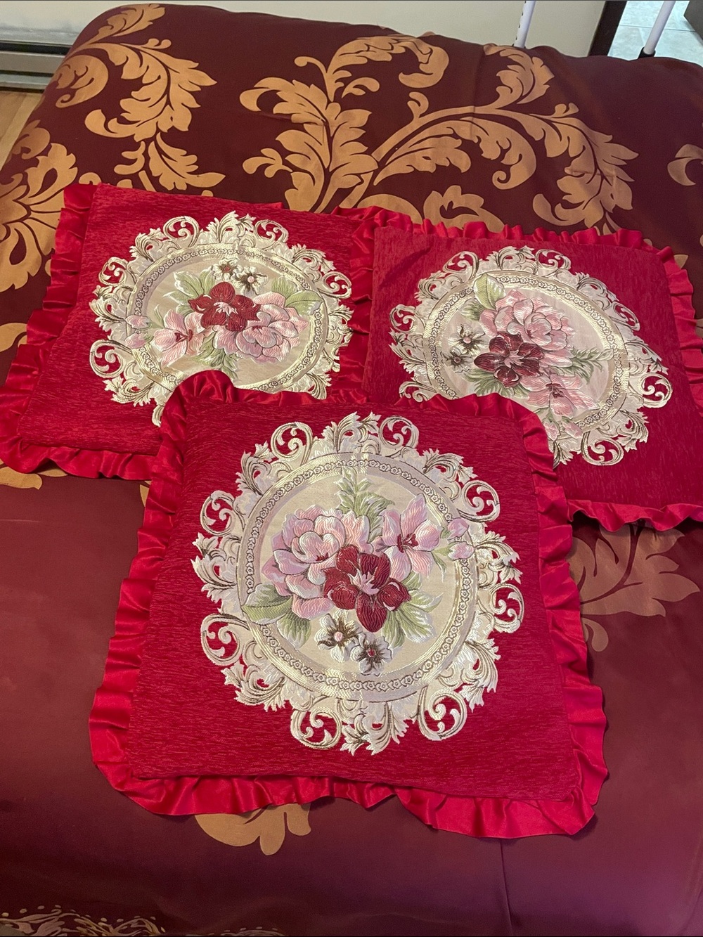 Red Floral Embroidered Decorative Throw Pillow Covers - Set of 3